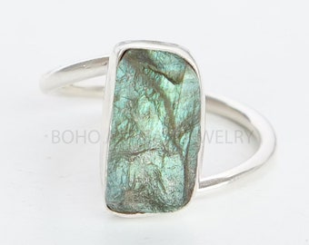 Raw Labradorite Ring: Handmade Sterling Silver 925, Boho Jewelry