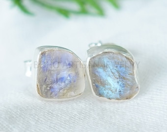 Raw Moonstone Earring, Silver Handmade Earring, Stud Earring, Blue Fire Moonstone, Raw Stone Jewelry, July Birthstone, Gift For Her