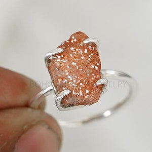 Raw Sunstone Ring, Natural Fire Sunstone, 925 Sterling Silver Ring, Raw Stone Ring, Birthstone Ring, Raw Crystal Ring, Gift for Her