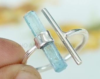 Raw Aquamarine Long Bar Ring, Natural Stick T Ring, Adjustable Ring, Natural Aquamarine Stick Ring, March Birthstone, Raw Crystal Ring Gift