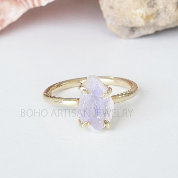 Raw Moonstone Gold Ring, 14K Gold Plated Ring, Handmade Ring, Blue Fire Moonstone, Rough Stone Jewelry, July Birthstone, Gift For Women