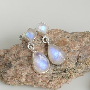 Handmade Rainbow Moonstone Sterling Silver Earrings: Pear & Cushion