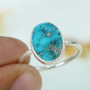 Oval Turquoise Ring, Turquoise Polished Slice Ring, Silver Stacking Band Ring, Handmade Ring, Turquoise Jewelry, December Birthstone