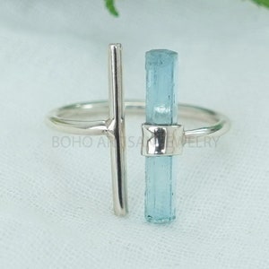 Raw Aquamarine Long Bar Ring, Natural Stick T Ring, Adjustable Ring, Natural Aquamarine Stick Ring, March Birthstone, Raw Crystal Ring Gift