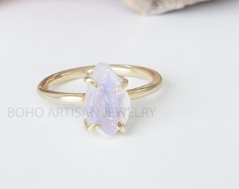 Raw Moonstone Gold Ring, 14K Gold Plated Ring, Handmade Ring, Blue Fire Moonstone, Rough Stone Jewelry, July Birthstone, Gift For Women