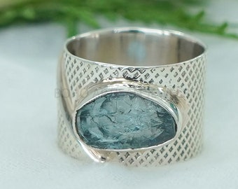 Aquamarine Ring, Textured Band Ring, Thumb Ring, Raw Aquamarine Jewelry, Hammered Band, March Birthstone - Crystal Ring - Gift for Her