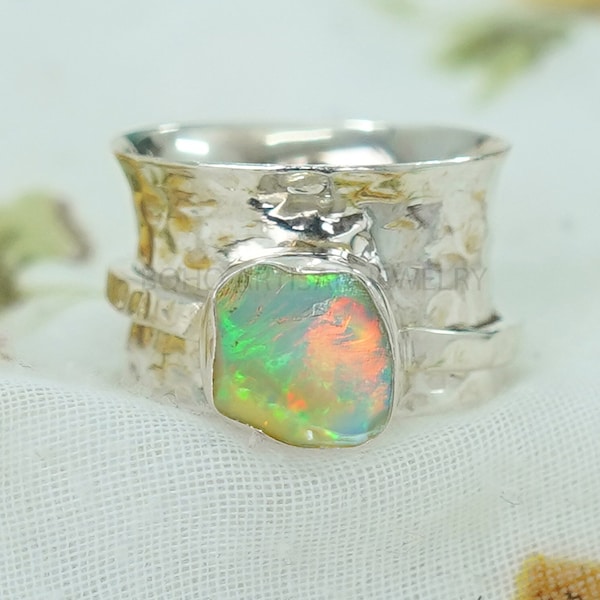 Natural Raw Opal Spinner Ring, Fidget Ring, October Birthday Gift, Raw Stone Jewelry, Opal Ring For Women, Stacking Band Ring - Gift For Her