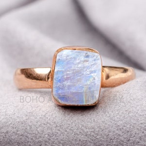 Raw Moonstone Rose Gold Ring, Blue Fire Moonstone Ring, Handmade Ring, Moonstone Jewelry, Rough Stone Jewelry, July Birthstone, Gift For Her