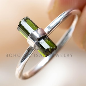 Raw Green Tourmaline Ring, T Ring, Tiny Tourmaline Stick Ring, Handmade Silver Ring, October Birthstone, Natural Crystal Ring, Gift for Her