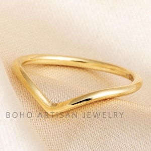 14k Gold V Band Ring, Chevron Gold Plated Ring, Dainty Stacking Ring for Women, Minimalist Chevron Wedding Band Jewelry, Gift for Her
