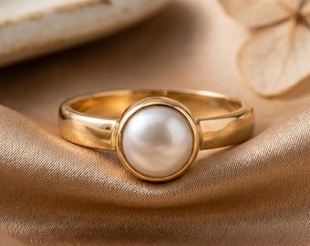 14k Gold Pearl Ring, Dainty Pearl Ring, June Birthstone, Mother of Pearl, Minimalist Ring, Handmade Pearl Ring, Bridal Ring, Birthday Gift