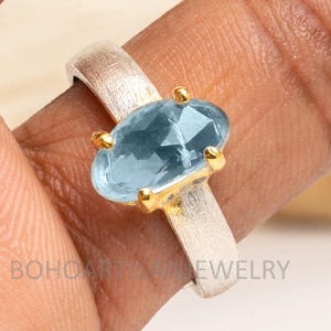 Aquamarine Crystal Ring | Handmade Dual Plated Ring | Matte Finish Silver Gold Ring | March Birthstone Jewelry | Gift for Her | Dainty Ring