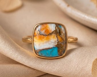 Turquoise Gold Ring, 14k Gold Plated Ring, Statement Ring, Handmade Ring, Turquoise Jewelry, December Birthstone, Gift for Her