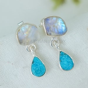 Raw Moonstone Turquoise Earring, Silver Handmade Earring, Stud Earring, Moonstone, Turquoise , Raw Stone Jewelry, Crystal Ring, Gift For Her