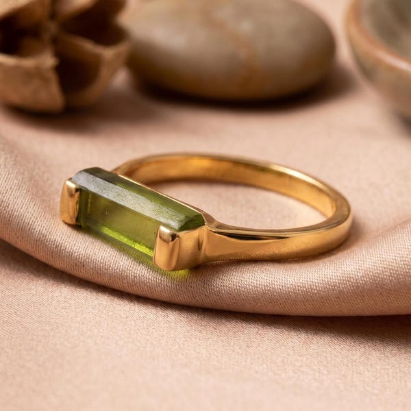 Dainty Peridot Bar Ring, 14k Gold Plated, August Birthstone, Handmade Wedding Ring, Gift For Mother