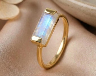 Rainbow Moonstone Gold Ring, 14K Gold Plated Ring, Handmade Statement Jewelry, Dainty Bar Ring, June Birthstone Ring, Gift for Women