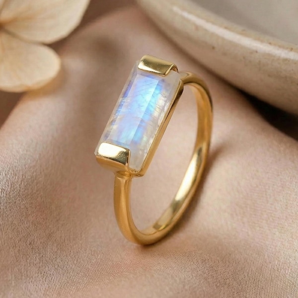 Rainbow Moonstone Gold Ring, 14K Gold Plated Ring, Handmade Statement Jewelry, Dainty Bar Ring, June Birthstone Ring, Gift for Women