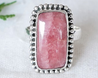 Rhodochrosite Cabochon Ring, Healing Crystal Ring, Silver Handmade Jewelry, Boho Ring, Birthstone Ring, Pink Gemstone Ring, Christmas Gift