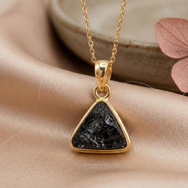 Black Tourmaline Gold Pendant, 14K Gold Plated Triangle Necklace, Healing Crystal Pendant, October Birthstone, Protection Gift For Women