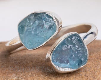 Raw Aquamarine Ring, Sterling Silver Ring, Adjustable Ring, Stackable March Birthstone Jewelry, Natural Gemstone Gift for Her, Dainty Ring