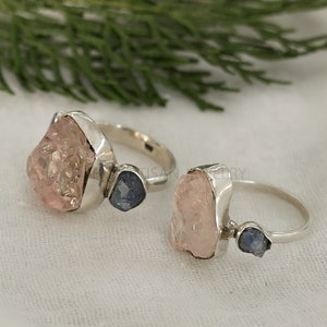 Rose Quartz Sapphire Ring, Raw Pink Quartz with Blue Sapphire, Handmade Ring, Boho Ring, Crystal Ring, Raw Gemstone Ring - Gift For Her