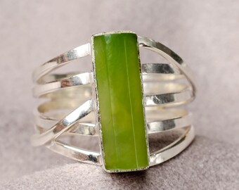 Raw Jade Spiral Ring, Natural Bar Ring, Sterling Silver Jewelry, Green Gemstone Ring, March Birthstone, Crystal Ring, Gift For Women