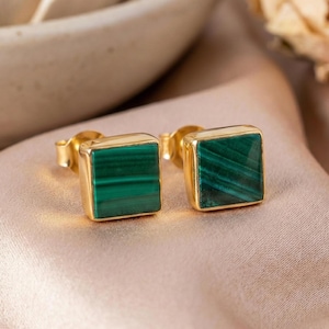 Malachite Stud Earrings • Geometric Green Gemstone Earrings • 14K Gold Plated on Sterling Silver • Boho Jewelry • Perfect Gift for Mom