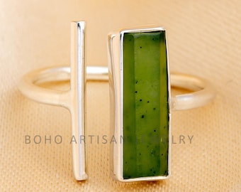 Raw Green Jade Bar Ring: Sterling Silver Adjustable Statement Jewelry