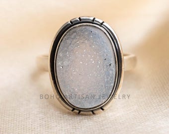 White Druzy Ring, Oval Druzy Quartz Ring, April Birthstone Jewelry, Raw Stone Ring, Boho Statement Ring, Natural Druzy, Handmade Silver Ring