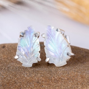 Rainbow Moonstone Leaf Carving Stud Earrings: Sterling Silver Gemstone Jewelry