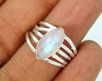 Rainbow Moonstone Ring, Spiral Ring, Marquise Cabochon, Twisted Band, Handmade Ring  June Birthstone, Valentine's Day Gift, Gift For Her