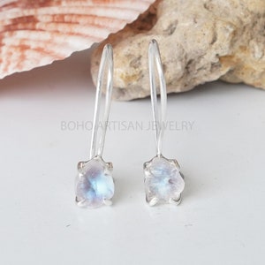 Raw Rainbow Moonstone Dangle Earrings: 925 Sterling Silver Jewelry