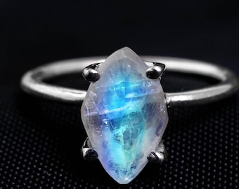 Raw Moonstone Ring, 925 Sterling Silver Ring, Handmade Ring, Blue Fire Moonstone, Rough Stone Jewelry, June Birthstone, Christmas Gift