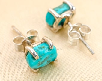 Natural Turquoise Earring, Silver Handmade Earring, Stud Earring, tiny turquoise Stud, Gemstone Jewelry, December Birthstone, Christmas Gift