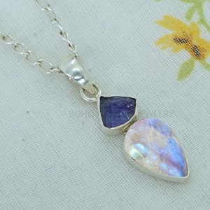 Raw Rainbow Moonstone Tanzanite Pendant, Raw Crystal Pendant, Two Stone Pendant, December Birthstone Jewelry, Raw Gemstone Pendant