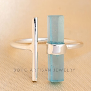 Raw Aquamarine Bar Ring: 925 Sterling Silver Adjustable Band