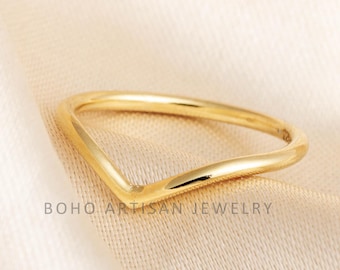 14k Gold V Band Ring, Chevron Gold Plated Ring, Dainty Stacking Ring for Women, Minimalist Chevron Wedding Band Jewelry, Gift for Her