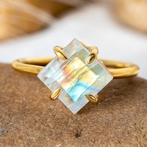 Rainbow Moonstone Gold Ring, 14K Gold Plated Ring, Handmade Crystal Jewelry, Blue Fire Moonstone Ring, July Birthstone Gift, Gift For Her