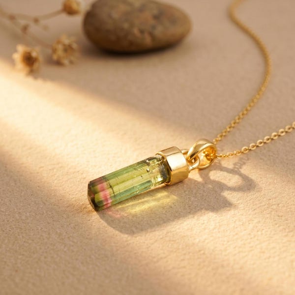 Raw Green Tourmaline Stick Pendant, 14k Gold Plated, Watermelon Tourmaline Necklace, Crystal Jewelry, October Birthstone, Gift for Her