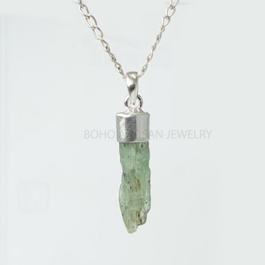 Raw Green Kyanite Pendant: Sterling Silver Healing Crystal Necklace