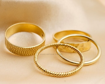 Handmade 14k Gold Plated Stackable 4 Rings Set, Minimalist Band Rings, Gold Stacking Rings in Sterling Silver, Simple Bands, Gift For Her
