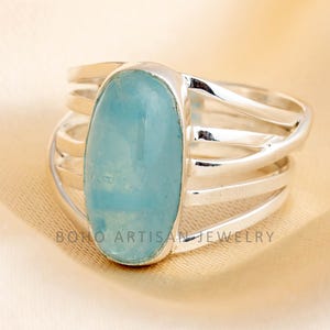 Blue Aquamarine Spiral Ring, Natural Bar Ring, Sterling Silver Jewelry, Aquamarine Jewelry, March Birthstone, Crystal Ring, Gift For Women