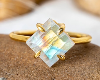 Rainbow Moonstone Ring: Handmade 925 Sterling Silver, Boho Style