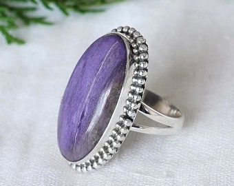 Charoite Silver Ring, Oval Cabochon Ring, Purple Gemstone Ring, Handmade Jewelry, Statement Ring, Charoite Purple Ring, Gift For Her
