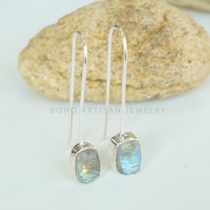 Raw Moonstone Dangle Earrings: Handmade Sterling Silver, Blue Flash Stone