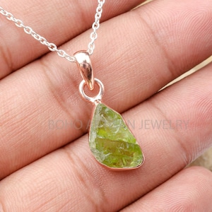 Raw Peridot Pendant: Rose Gold Plated Sterling Silver Necklace