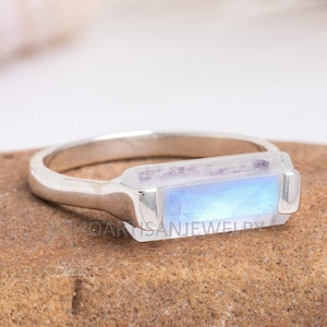 Rainbow Moonstone Bar Ring, Thin Bar Ring, Sterling Silver Ring, Stackable Jewelry, Dainty Bar Ring, June Birthstone Jewelry, Gift for her