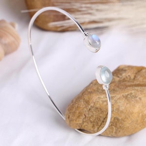 Rainbow Moonstone Cuff Bracelet, Aquamarine Bangle Bracelet, Handmade Jewelry, Adjustable Bracelet, June Birthstone, Christmas Gift