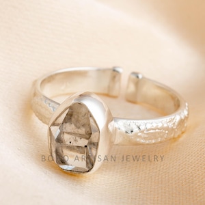 Raw Herkimer Diamond Ring, Floral Band Ring, Handmade Silver Jewelry, Adjustable Crystal Ring, Uncut Diamond, April Birthstone, Gift For Her