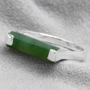 Raw Green Jade Bar Ring, Thin Bar Ring, 925 Sterling Silver, Statement Jewelry, Natural Jade Ring, March Birthstone Jewelry, Gift For Her
